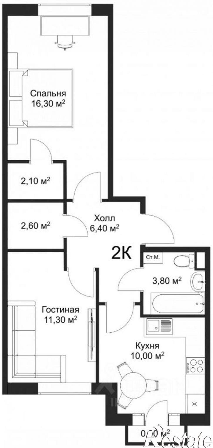 2-комн квартира в новом доме Псковский район, ЖК Рахманинов