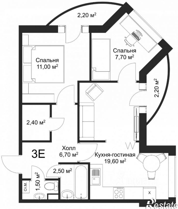 2-комн квартира в новом доме Псковский район, ЖК Рахманинов